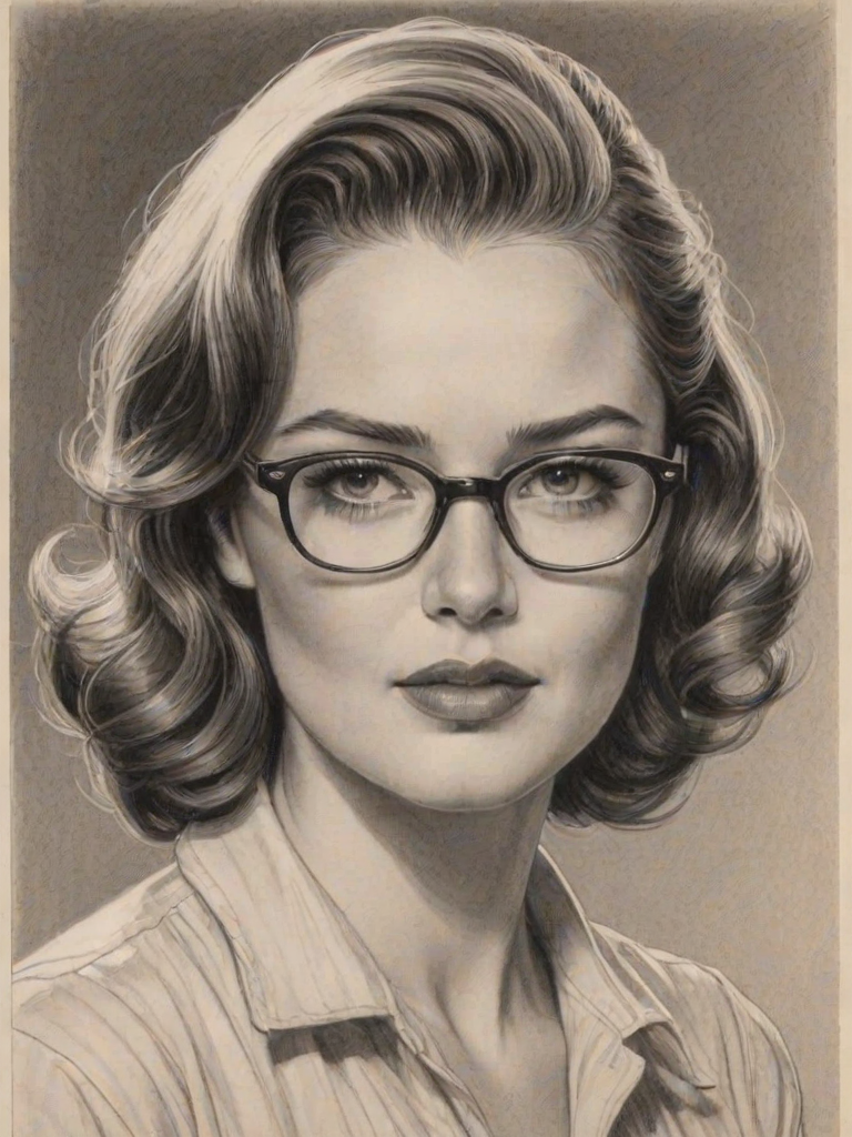 Superb Alexandra Breckenridge, pencil sketch, portrait of Resplendent woman 1949s in glasses, hair style beatnik, outline, clear lines, fine lines, 8k