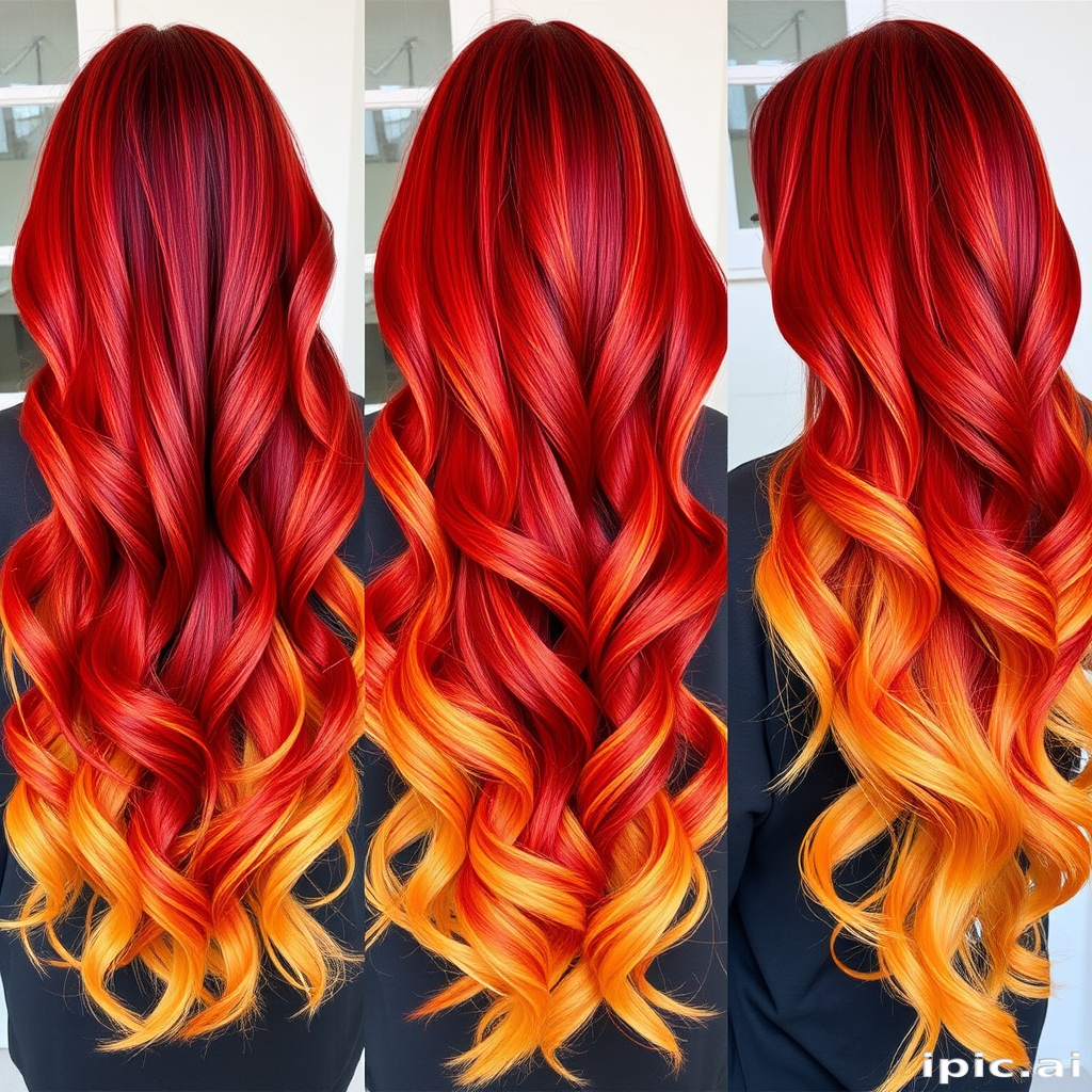 Cascading ombré waves called "Sunset Serenade" transition from deep burgundy roots to fiery orange mid-lengths and golden yellow tips, creating a mesmerizing gradient effect