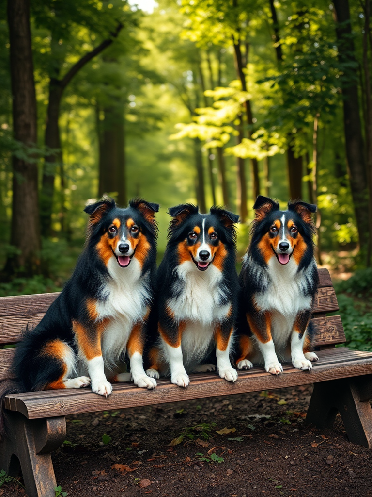 four collies sitting on a rustic bench in a lush green forest setting with sunlight filtering through trees, shallow depth of field, ISO 200, f/2.8, 1/500 sec, taken with a DSLR camera in portrait mode