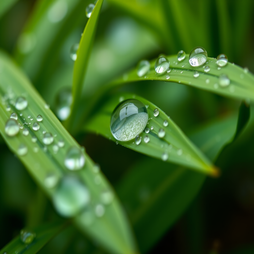macro shot of water droplets on green leaves with shallow depth of field, 100mm lens, f/2.8 aperture, ISO 200, 1/250 sec, natural light, DSLR camera