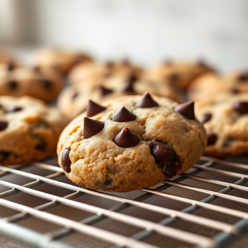 Close-up shot of freshly baked chocolate chip cookies on a cooling rack, f/2.8, 1/60s, ISO 100, 50mm lens, natural light, shallow depth of field, DSLR camera.