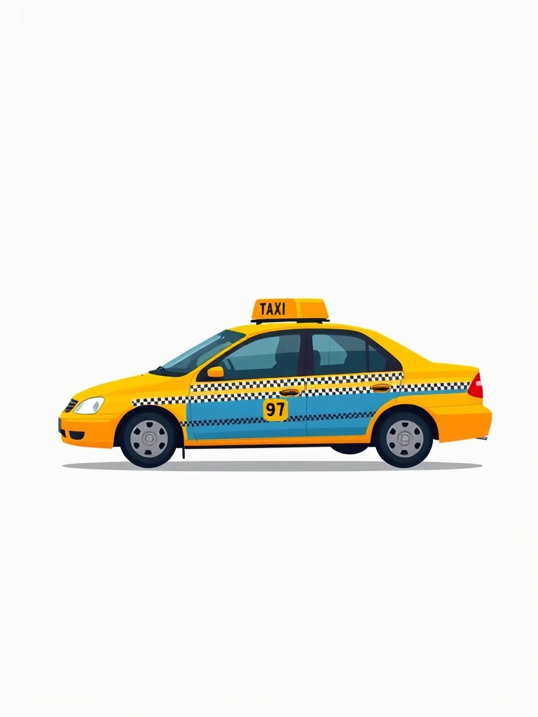 create a digital illustration of a yellow taxi cab in a flat design style with a side view, high resolution, use a Canon EOS 5D Mark IV camera at f/2.8, 1/250s shutter speed, and ISO 100 for enhanced image quality.