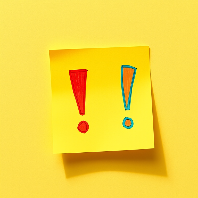 create a vibrant illustration of a yellow sticky note with bold red and blue exclamation marks, using a Canon EOS R5 camera, 24mm f/1.4 lens, aperture at f/2.8, ISO 100, f/2.8, with a shallow depth of field and natural daylight lighting to enhance colors and details