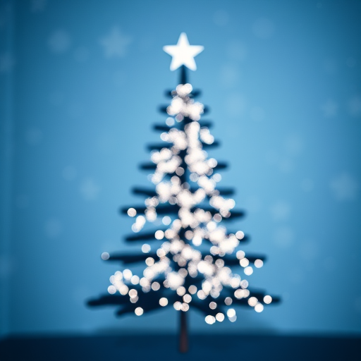 Create a minimalist Christmas tree silhouette filled with snowflakes transitioning into the background, using a soft focus DSLR camera with a 50mm lens, aperture set to f/1.8, ISO 100, and a slightly elevated angle to enhance depth.