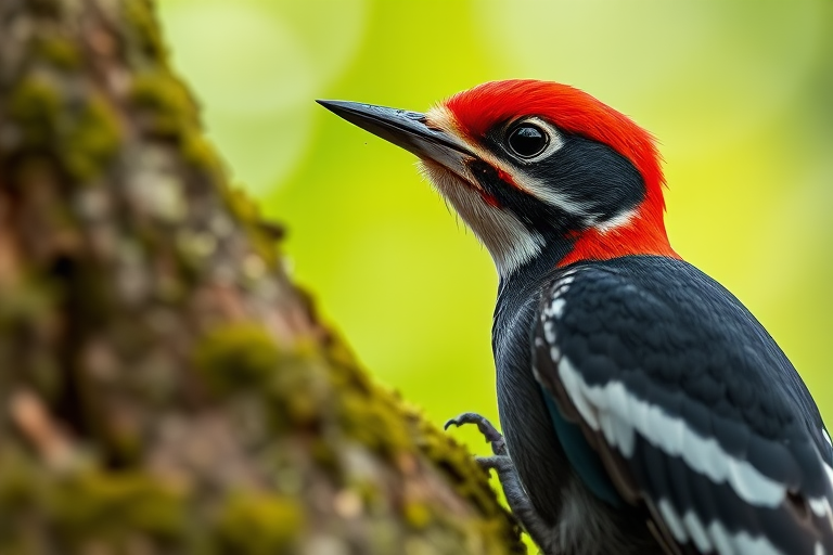 Regenerate a close-up portrait of a woodpecker with vivid red and black plumage perched on a mossy tree with a soft green bokeh background, captured with a Canon EOS R5, 85mm f/1.2 lens, shutter speed 1/500s, ISO 200, with a natural light style to enhance color saturation and sharpness.