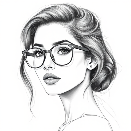hot mia khalifa, pencil sketch, portrait of beautiful woman 60s in glasses, hair style beatnik, outline, clear lines, fine lines, 8k