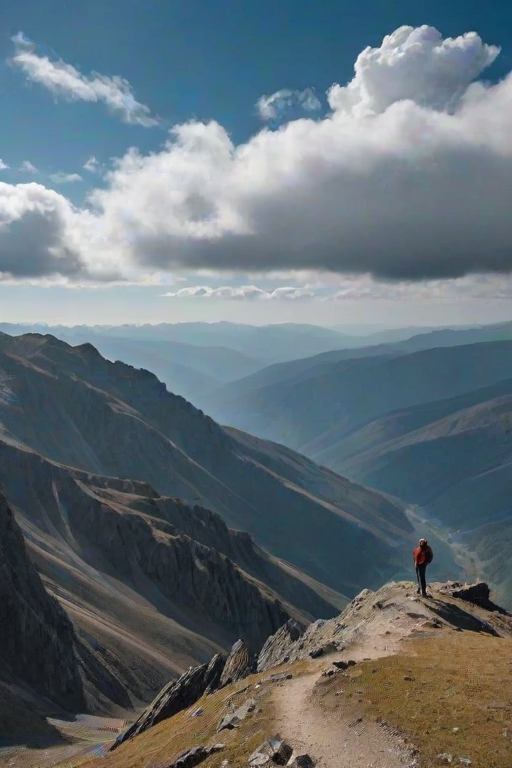 Dramatic mountain landscape, with a lone hiker standing at a viewpoint, gazing at the vast valleys below, as clouds drift lazily by against a blue sky.
