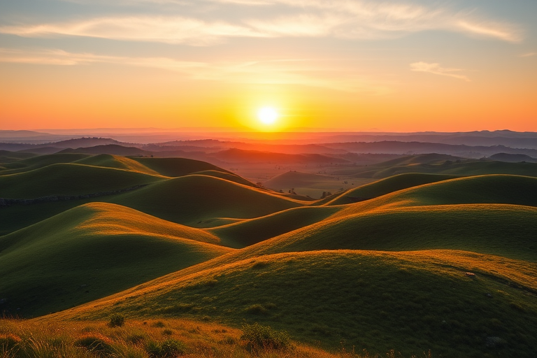 Generate a high-quality image of a serene landscape with rolling hills and a sunset in the background, taken with a DSLR camera at f/8 aperture, ISO 100, 1/200 sec shutter speed, wide-angle lens (16-35mm), and in vibrant HDR style.