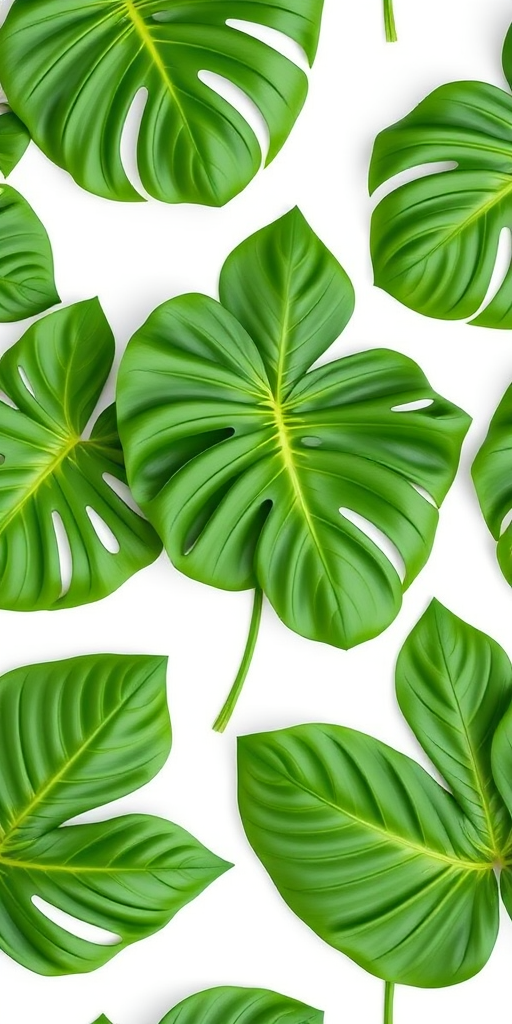 Create a seamless pattern of large, vibrant green monstera leaves on a white background, captured with a Canon EOS R5 at f/5.6, ISO 100, in a top-down view, with a natural light setting.
