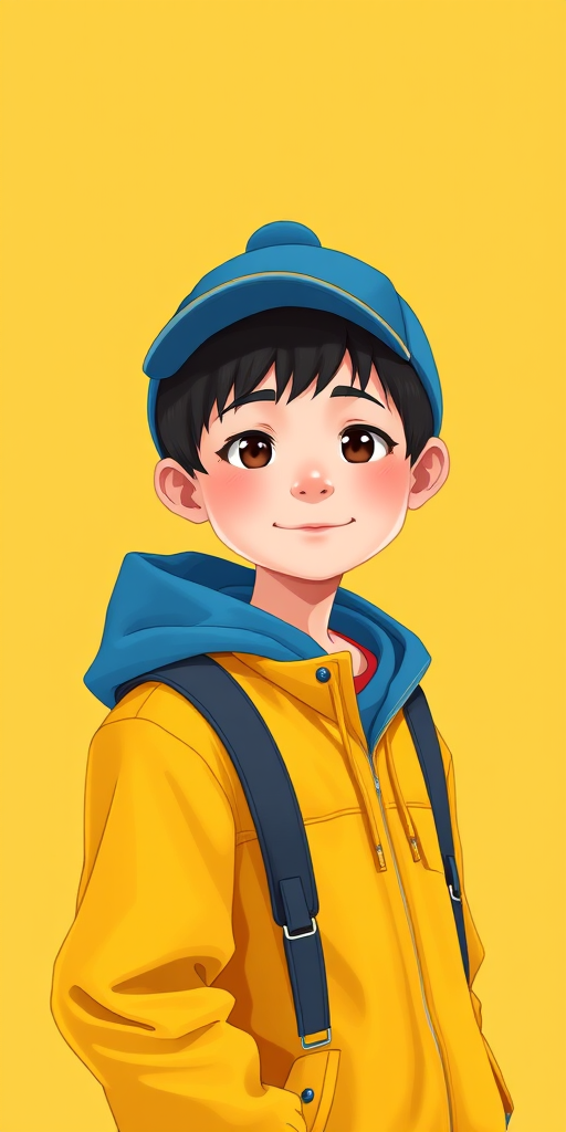 Create a digital illustration of a young person wearing a yellow jacket and a blue hat, standing against a solid yellow background, captured with a 50mm lens at f/2.8, using a soft focus style with a high-resolution format for vibrant colors and clean lines.
