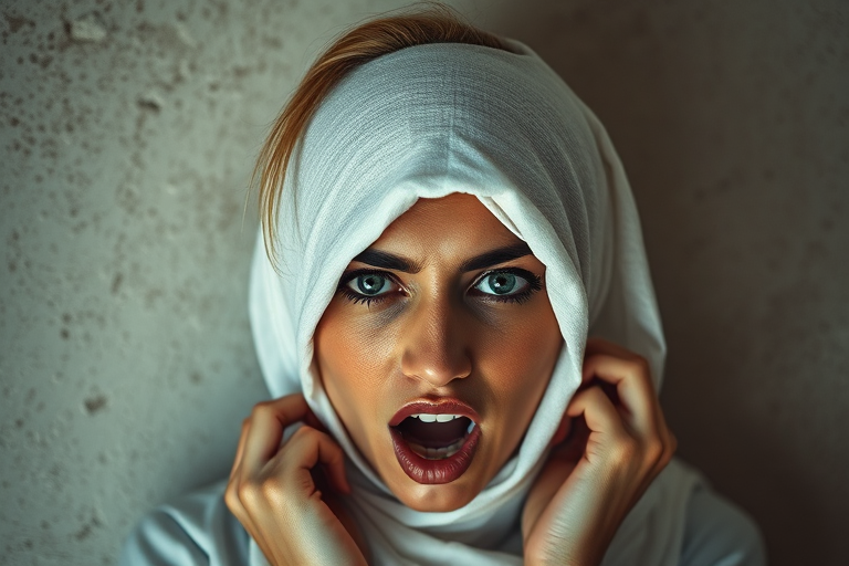 Create a close-up photographic image of a Arab woman with light skin tones shown against an old, worn wall. Their head is wrapped in a white cloth covering (i.e.... parts of the head except the nose and mouth, which are open as if they are screaming...), with a slight texture and visible folds in the fabric. Thin strands of blonde hair escape from the wrapping above, falling lightly at the top and sides. Their hands hold the fabric as if they are tugging nervously. The lighting is dramatic and even, casting strong shadows. The image has a minimalist and surreal style with an emphasis on simplicity with soft color tones. The composition is centered.