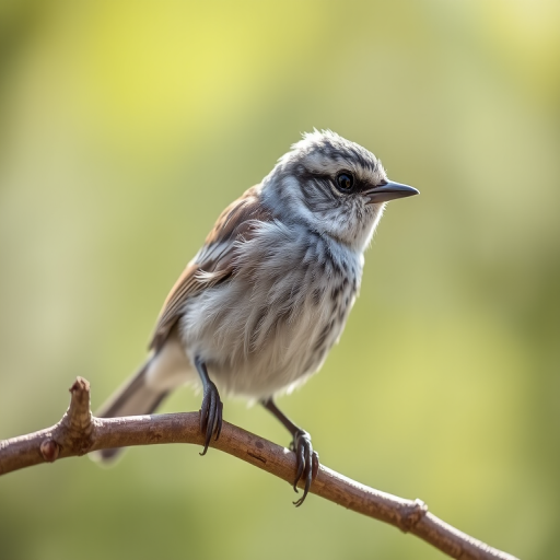 Capture a close-up of a small bird perched on a branch, with a soft blurred background, using a DSLR camera, 85mm lens, aperture f/2.8, shutter speed 1/250s, ISO 200, in natural daylight.