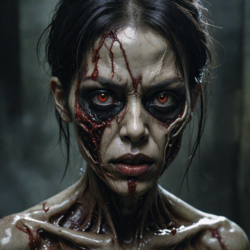 (perspective) of A creepy (ethnicity) zombie cyborg with (descriptive color) skin, (color) lipstick (color) liquid flowing from her eyes and mouth, (perspective two) portrait, (camera angle), extremely detailed, (art style) in the style of Yoshitaka Amano and Tetsuo Hara. --ar 85:128 --style raw --niji 6