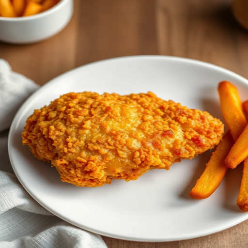 Create a hyper-realistic image of a golden-brown fried chicken breast on a white plate, shot with a Canon EOS R5 at 50mm, aperture f/2.8, ISO 100, natural lighting, and a top-down view to enhance texture and detail of the crispy coating.