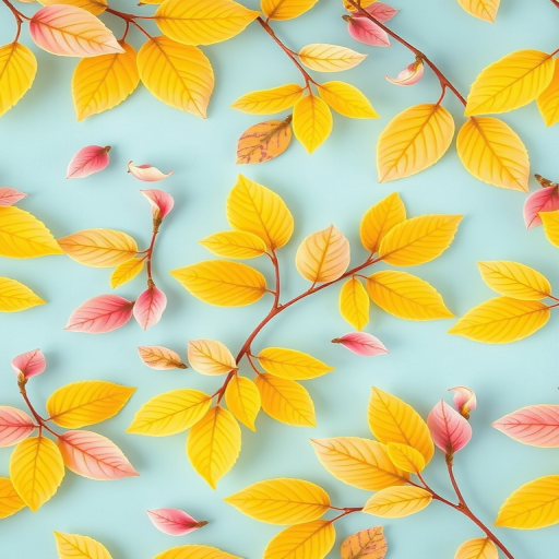 Create a seamless floral pattern with delicate yellow and pink leaves on a soft blue background, captured using a DSLR camera at f/8, ISO 100, 50mm lens, overhead view, in a soft focus style.
