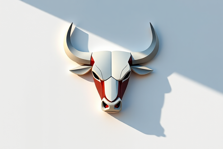 Create a high-resolution image of an abstract bull logo on a plain background, use a Canon EOS R5, 50mm lens, f/1.8 aperture, ISO 100, and natural lighting to enhance clarity and depth.