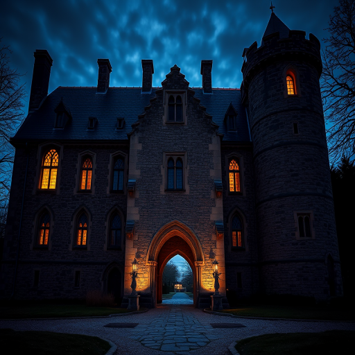 A medieval stone castle with a dark slate roof, illuminated windows, and an archway, captured at dusk with a full-frame camera, aperture f/8, ISO 100, 24mm lens, using a soft focus style to enhance depth and texture.