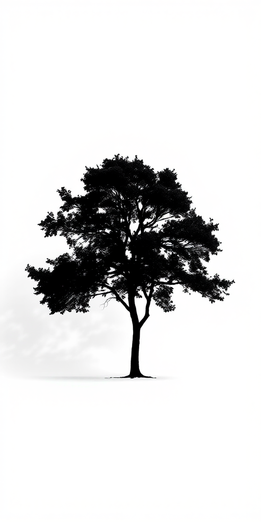 Create a high-quality image of a minimalistic black silhouette of a tree on a white background, shot with a DSLR camera, 50mm lens, aperture f/2.8, ISO 100, in natural light from the left.