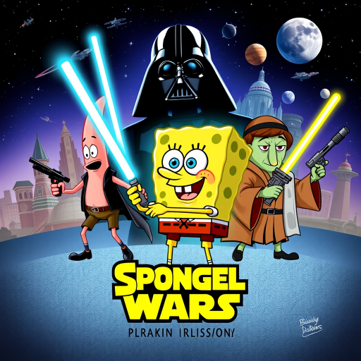 Create a parody of the Star Wars poster with SpongeBob as Luke Skywalker, holding a glowing spatula like a lightsaber. Patrick Star takes the role of Han Solo, holding a blaster, while Squidward is Obi-Wan Kenobi, draped in robes. In the background, Plankton appears as Darth Vader, with Bikini Bottom’s landmarks reimagined as spaceships and planets. The iconic Star Wars logo is swapped for "Sponge Wars," creating a playful, sci-fi adventure scene.
