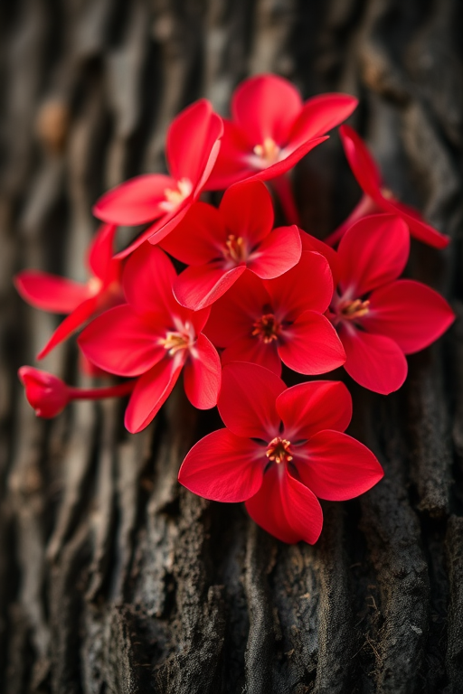 Capture a close-up of vibrant red flowers on a textured dark tree bark, shallow depth of field, natural light, ISO 100, aperture f/2.8, 50mm lens, DSLR camera, focus on flowers with a soft bokeh background.