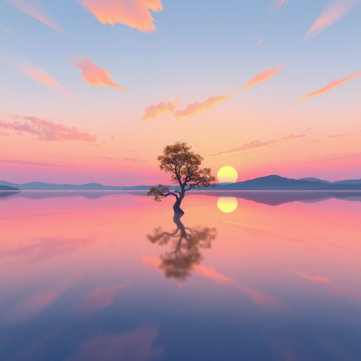 Create a serene landscape illustration featuring a lone tree reflected in calm waters at sunset, with pastel shades of pink and orange in the sky, using a high-resolution digital art technique. Camera settings: f/8, ISO 100, shutter speed 1/200s. Camera view: wide-angle. Camera style: vibrant colors with smooth gradients. Camera type: digital drawing tablet.