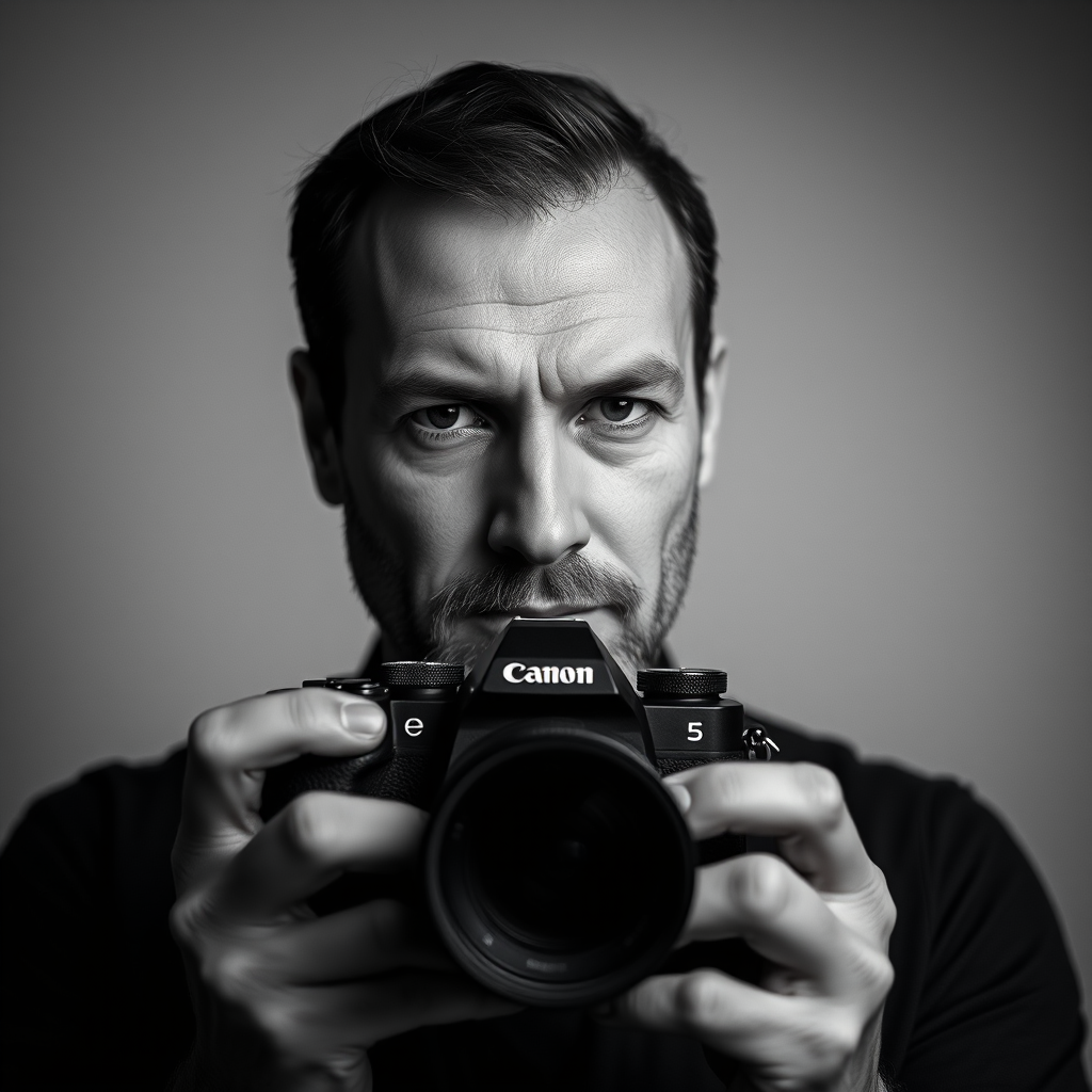 portrait of a man holding a camera with a serious expression, studio lighting, high contrast black and white, Canon EOS R5, 50mm lens, aperture f/1.8, ISO 100, shutter speed 1/200 sec, soft focus background
