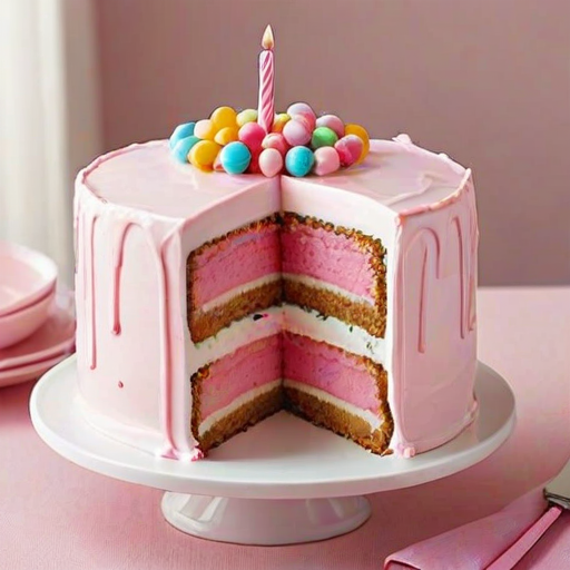 Create an image of a three-layer cake with a smooth white frosting base. The top layer should have a glossy pink drip effect and be decorated with dollops of whipped cream. Add colorful sprinkles around the base of the cake. Top the cake with cute, pastel-colored animal-shaped candies for a playful touch. Place the cake on a white cake stand, with a soft pink cloth underneath. Include a small bowl of matching candies next to the cake.