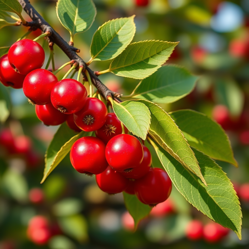Generate a hyper-realistic image of a cherry branch with vibrant red cherries and green leaves, captured with a Canon EOS R5, using a 100mm macro lens, aperture set to f/2.8, ISO 100, in natural daylight to enhance detail and colors.