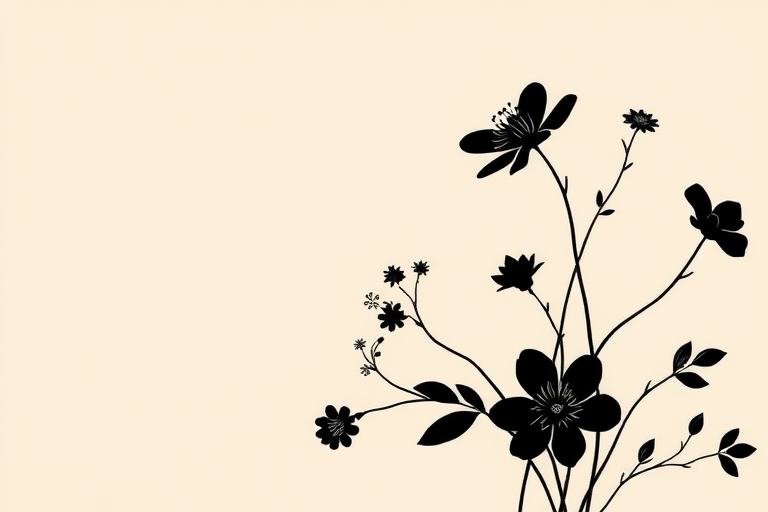 Create an abstract floral design with a light beige background, featuring delicate black outlines of flowers and leaves, using a Canon EOS R5 with a 50mm lens at f/2.8, ISO 100, in soft natural lighting.