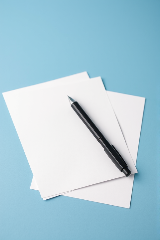 Create an image of two documents on a solid blue background with a black pen resting on the documents, shot with a Canon EOS R5, 50mm lens, aperture f/2.8, ISO 100, and a shallow depth of field to enhance clarity and separation of the foreground elements.