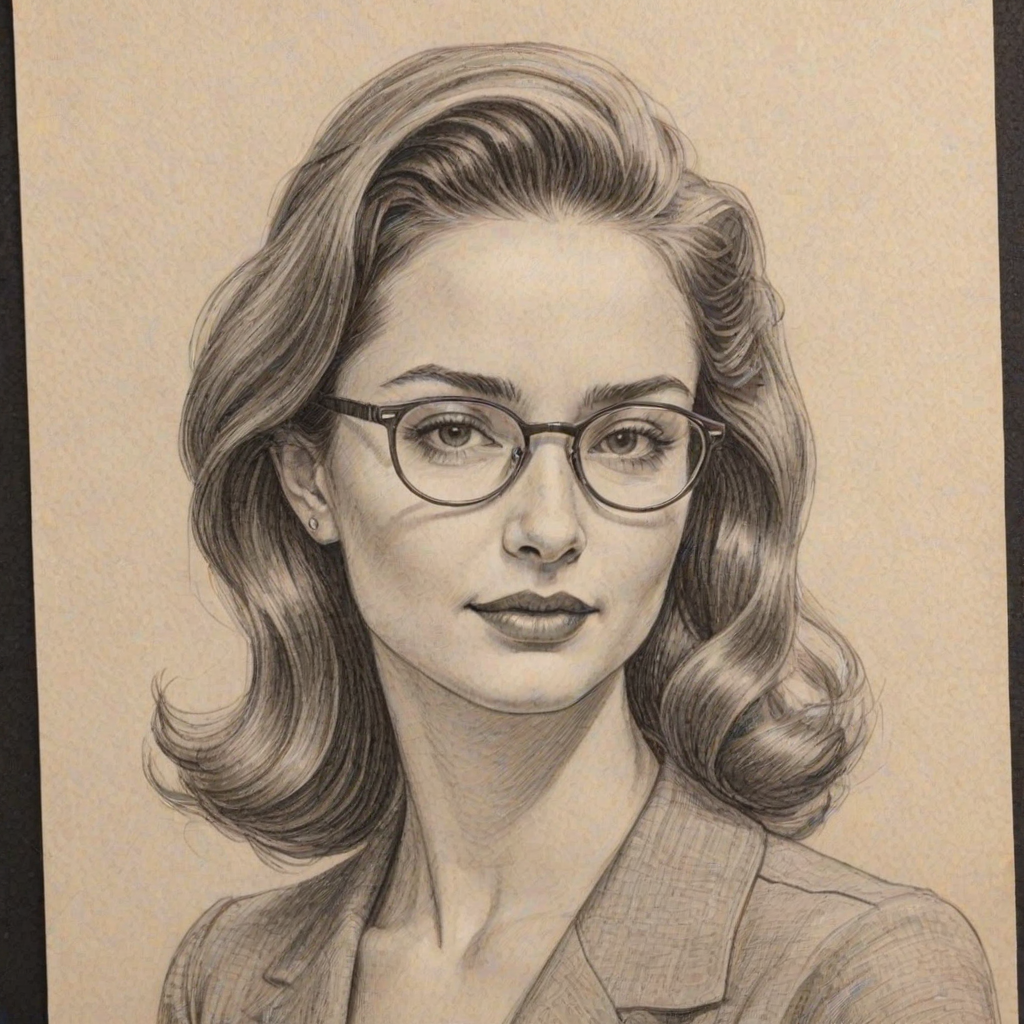 Graceful Emily Robinson, pencil sketch, portrait of Bewitching woman 1945s in glasses, hair style beatnik, outline, clear lines, fine lines, 8k