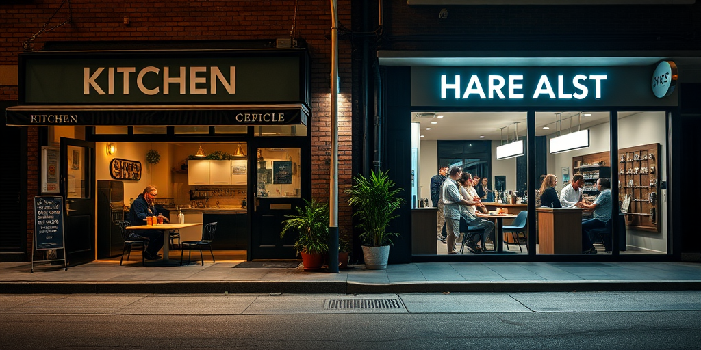 Capture a nighttime scene of two contrasting businesses side by side, one a cozy kitchen with a person working at a table and the other a modern hair salon with clients and stylists, using a Canon EOS R5 with a 50mm f/1.2 lens at ISO 800, f/2.8, and a shutter speed of 1/60s, in low-light conditions to highlight the warm and cool tones.