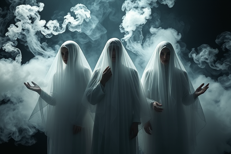 Create an ethereal scene with three ghostly figures draped in translucent white veils surrounded by swirling smoke, shot with a Canon EOS R5, 50mm lens, f/1.8 aperture, ISO 100, 1/100 sec shutter speed, in low light with dramatic shadows and a moody atmosphere.