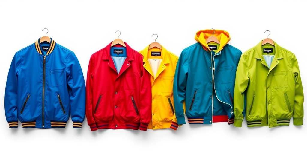 Create an image of four stylish jackets in vibrant colors: blue, red, yellow, and green, with a simple white background; use a DSLR camera with a 50mm lens, f/2.8 aperture, ISO 100, and focus on capturing sharp details and vivid colors in high resolution.