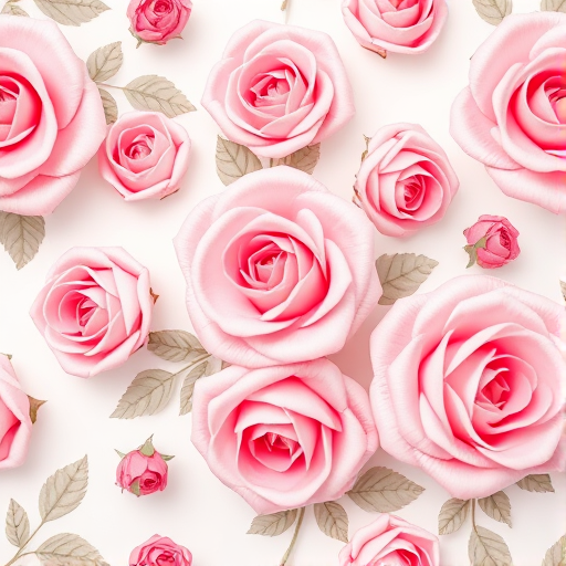 create a seamless floral pattern featuring stylized pink roses with soft pastel tones on a white background, use a Canon EOS R5 camera with a 50mm lens, aperture f/2.8, ISO 100, natural lighting, and a top-down view to enhance details and texture