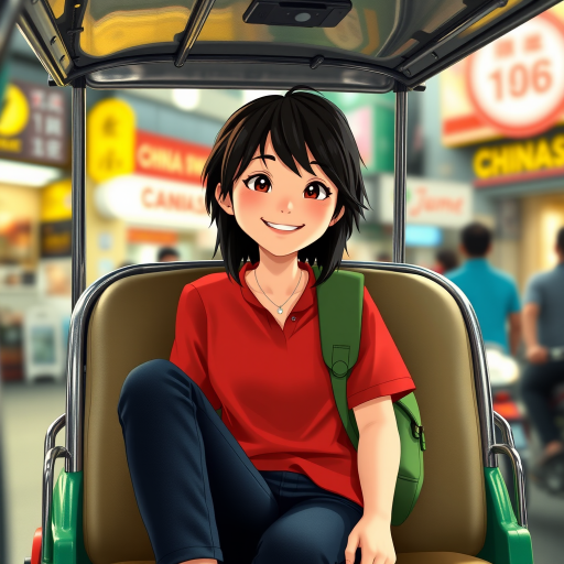 Cartoon Movie​ scene, a 18yr kindness grin Japanese woman,oval face , mullet medium long messy black side hair, wear a red shirt ,black jeans ,navy slip-on​,with green backpack, relax​ sitting on a seat in a thai tuk-tuk, tuk-tuk a silver metal roof that reflects light, There are blurred street lights and shops Chinatown Bangkok in the background.