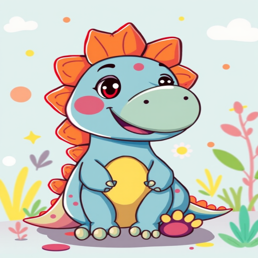 Create a vibrant and whimsical illustration of a friendly cartoon dinosaur, using a Canon EOS R5 with a 24-70mm f/2.8 lens, aperture set to f/4, ISO 200, and focal length at 50mm, in a bright and colorful style with a playful background.