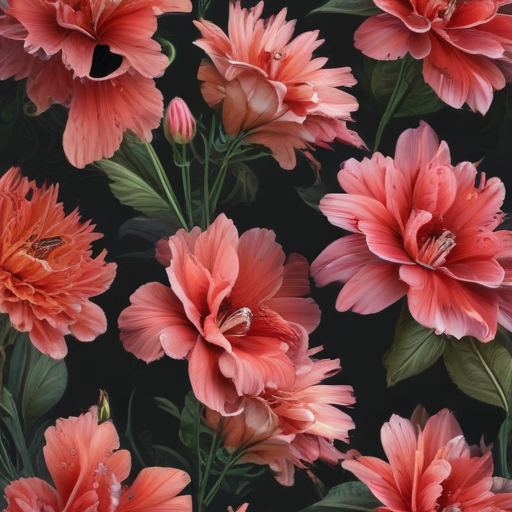 Vibrant Floral Pattern Featuring Lush Coral Flowers on a Dark Background