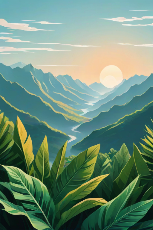 create a minimalistic landscape illustration featuring green tropical leaves in the foreground with layered blue mountains in the background under a simple orange sun against a light blue sky.