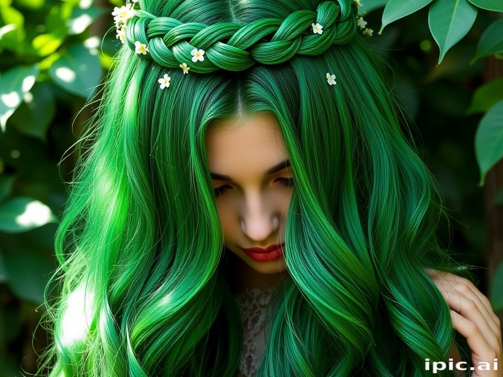 Lush emerald green hair cascades down in glossy, mermaid-like waves, creating the enchanting "Forest Nymph" style. Subtle lighter green highlights mimic dappled sunlight filtering through leaves, while small, delicate flowers are woven throughout the hair. A waterfall braid crowns the head, adding an ethereal touch to this nature-inspired look.