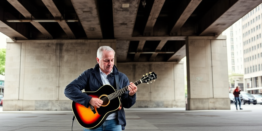 Street musician playing under a city bridge, his guitar case open for tips, the sound of soft melodies echoing against the concrete walls.