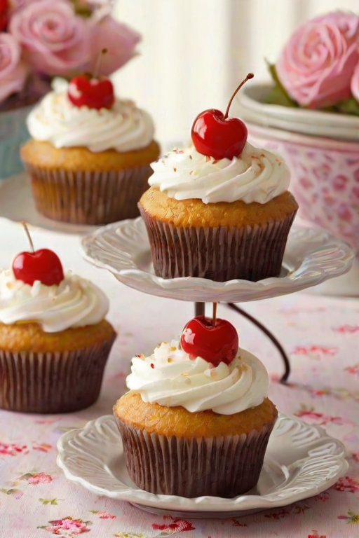 Generate an image of a plate of delicious cupcakes with fluffy frosting on top. Some cupcakes should be partially cut to reveal a cherry filling inside. The cupcakes should be decorated with chocolate shavings and placed on a decorative stand. Include a floral tablecloth in the background for a cozy, inviting atmosphere.