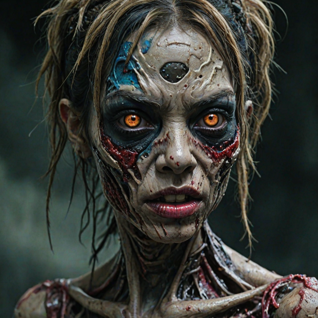 (perspective) of A creepy (ethnicity) zombie cyborg with (descriptive color) skin, (color) lipstick (color) liquid flowing from her eyes and mouth, (perspective two) portrait, (camera angle), extremely detailed, (art style) in the style of Yoshitaka Amano and Tetsuo Hara. --ar 85:128 --style raw --niji 6