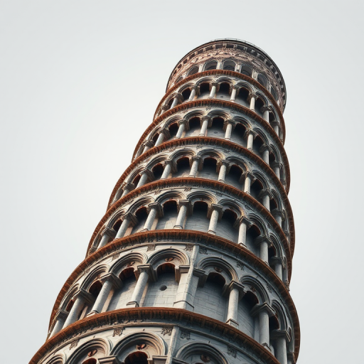 Create a high-resolution 3D rendering of a leaning tower with intricate architectural details, using a Canon EOS 5D Mark IV, 50mm lens, f/8 aperture, ISO 100, 1/125 sec shutter speed, with a wide-angle view and soft lighting to enhance depth and texture.