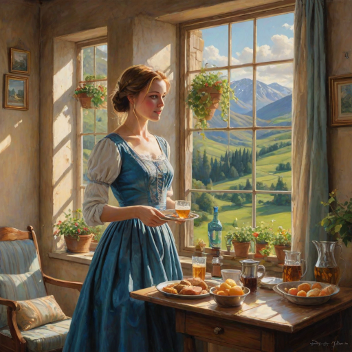 In "A Glass of Beer on the Highland," a serene scene is depicted in a sunlit room where a woman in a vibrant blue dress stands by a large window. She holds a tray with a hearty meal and a frothy glass of beer, embodying a moment of relaxation. Outside, the breathtaking highland landscape features rolling green hills and a charming traditional house, all bathed in warm afternoon light. The interior is adorned with potted plants, creating a harmonious blend of comfort and nature. The painting beautifully captures the tranquility and joy found in simple pleasures amidst stunning scenery