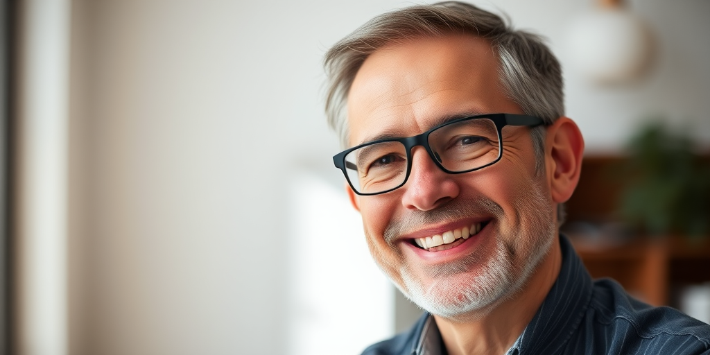 portrait of a middle-aged man with glasses smiling softly, natural light, shallow depth of field, f/2.8 aperture, 85mm lens, soft focus, contemporary background, taken with a DSLR camera