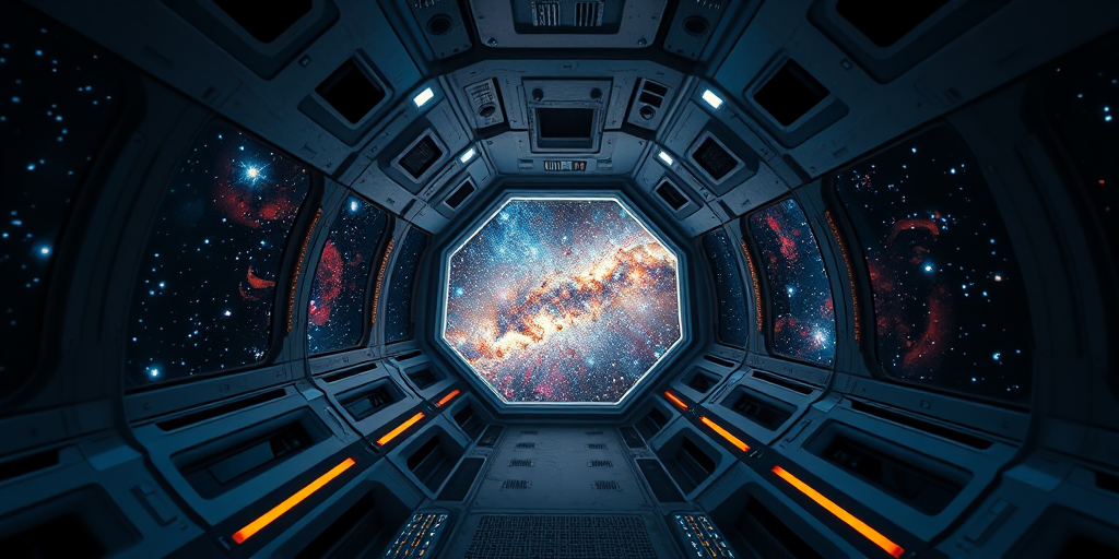 interior of a futuristic spaceship corridor looking out into a starry galaxy, wide-angle lens, f/2.8 aperture, ISO 400, 24mm focal length, low light, high dynamic range imaging, capturing intricate details and vibrant colors in the starry background