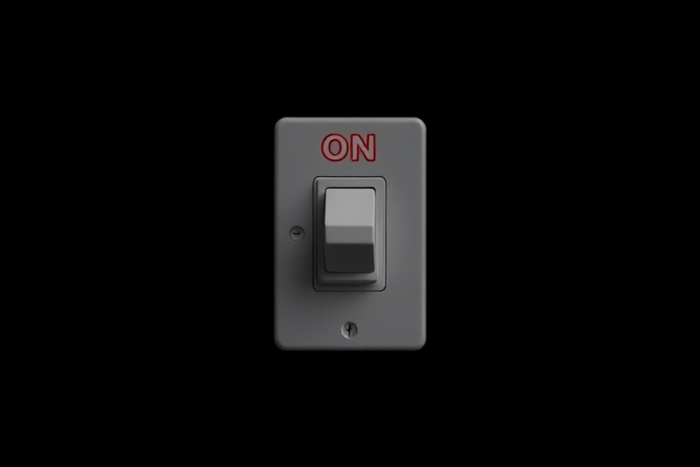 Create a high-resolution image of a toggle switch labeled "ON" against a solid black background, using a Canon EOS R5 with a 50mm f/1.2 lens, aperture set to f/2.8, ISO 100, and a soft diffused lighting setup to enhance contrast and detail.