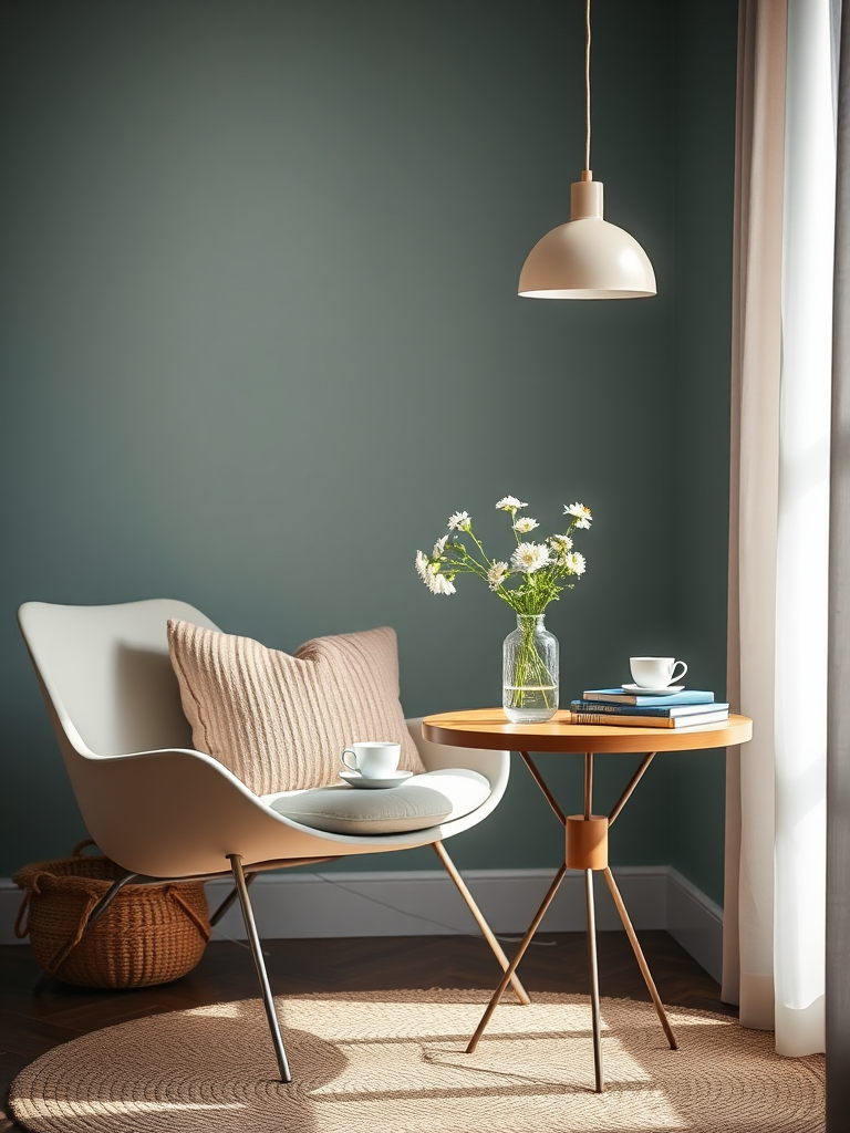 create a cozy interior scene featuring a modern chair, a round table with stacks of books, a tea cup, a vase with flowers, and a pendant lamp, soft lighting, pastel color scheme, depth of field focus, DSLR camera, f/2.8 aperture, ISO 100, 50mm lens, natural light for warmth
