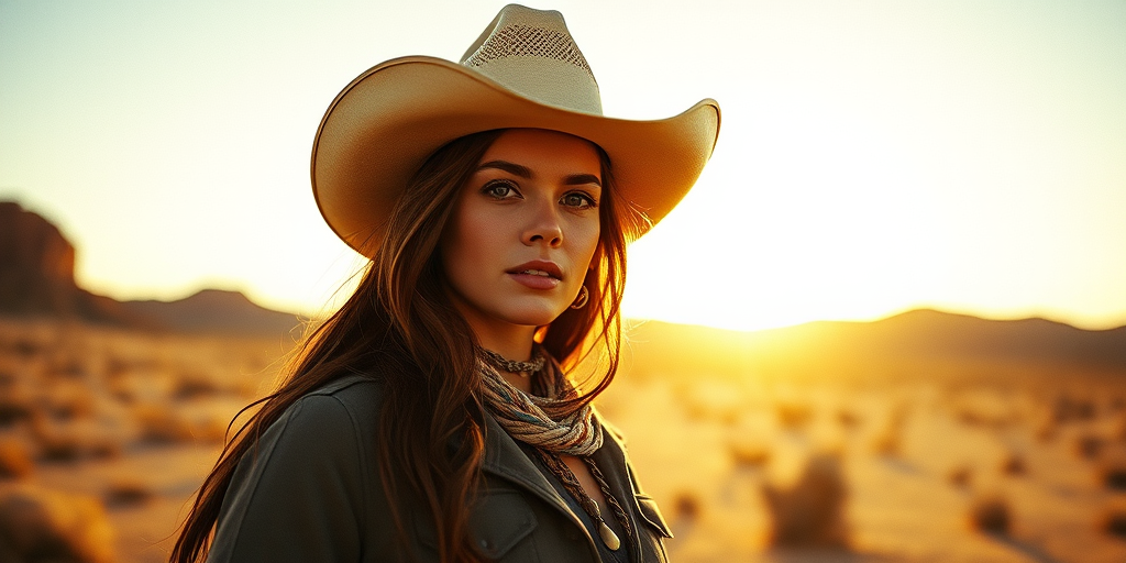 Dramatic photo of a beautiful Georgian woman, classic cowboy attire, confident and free spirit expression, half-length portrait, centered, golden hour desert landscape, warm, diffused light, low angle, medium format film camera, in style of Annie Leibovitz.